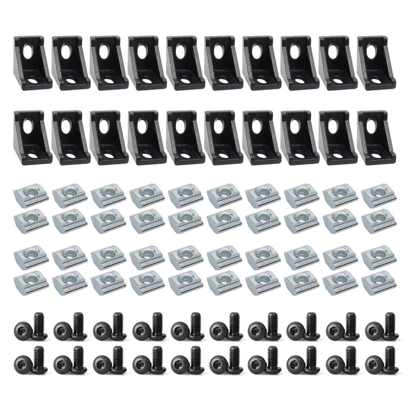 BLCCLOY 20 Sets 2020 Aluminum Extrusion Corner Brackets - 20 Series 90 Degree Right Angle Connectors with M5 Bolts & Nuts, Compatible with 20/20 80/20 2040 T V Slot Black Aluminum Profiles - Image 1